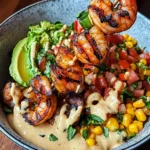 Grilled Shrimp Bowl with Avocado, Corn Salsa & Creamy Sauce