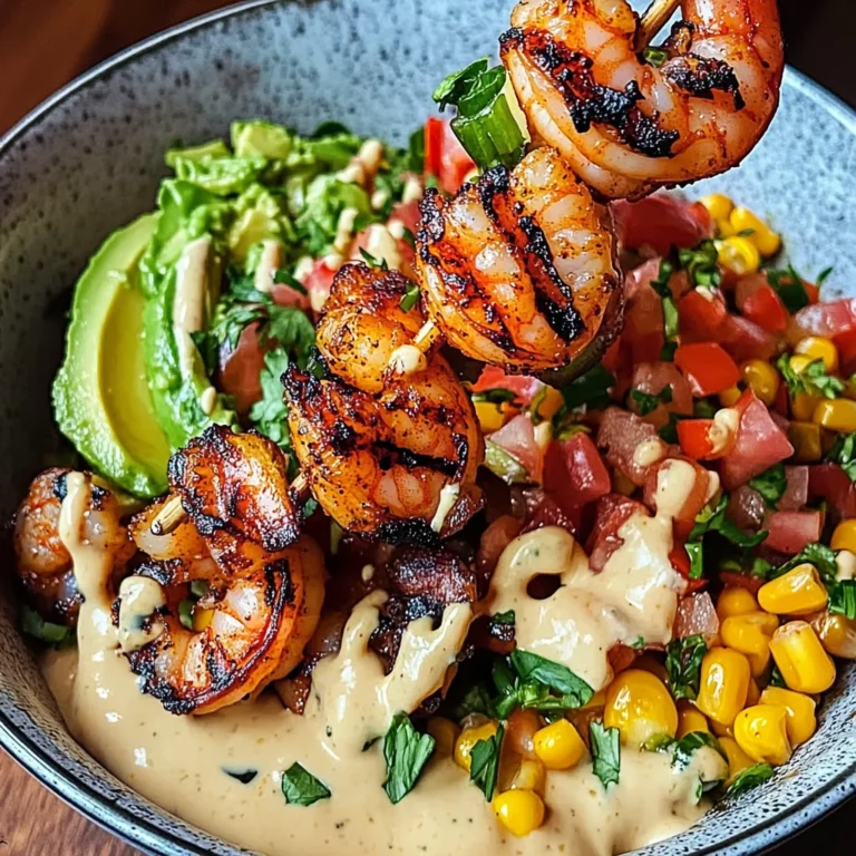 Grilled Shrimp Bowl with Avocado, Corn Salsa & Creamy Sauce