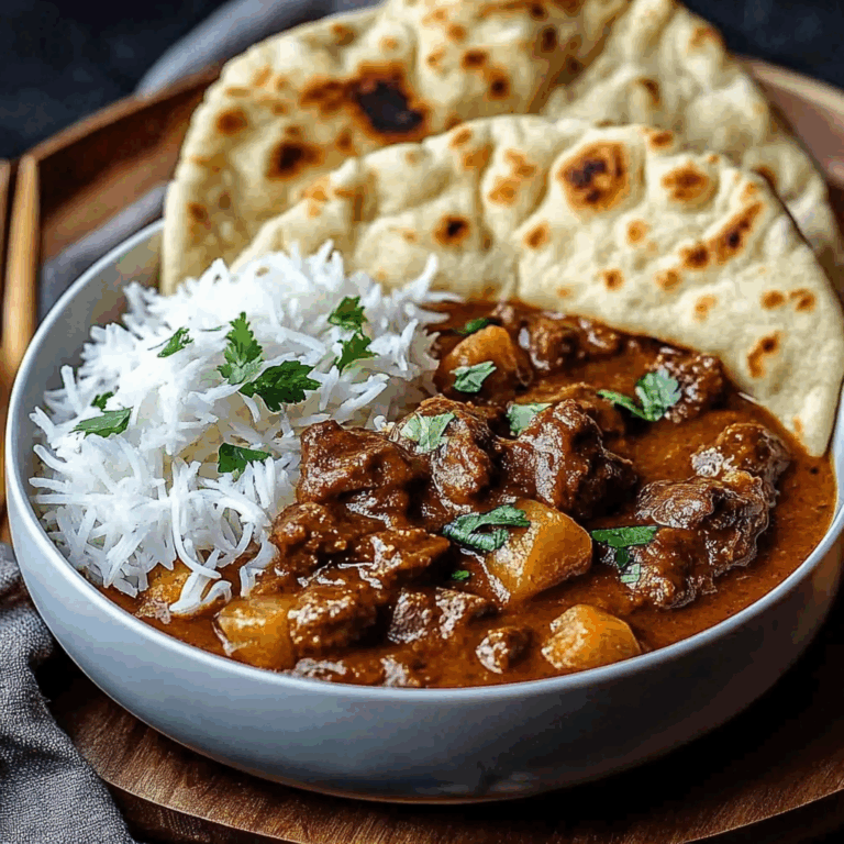Slow-Cooked Beef Curry in Coconut Gravy with Toasted Garlic Naan