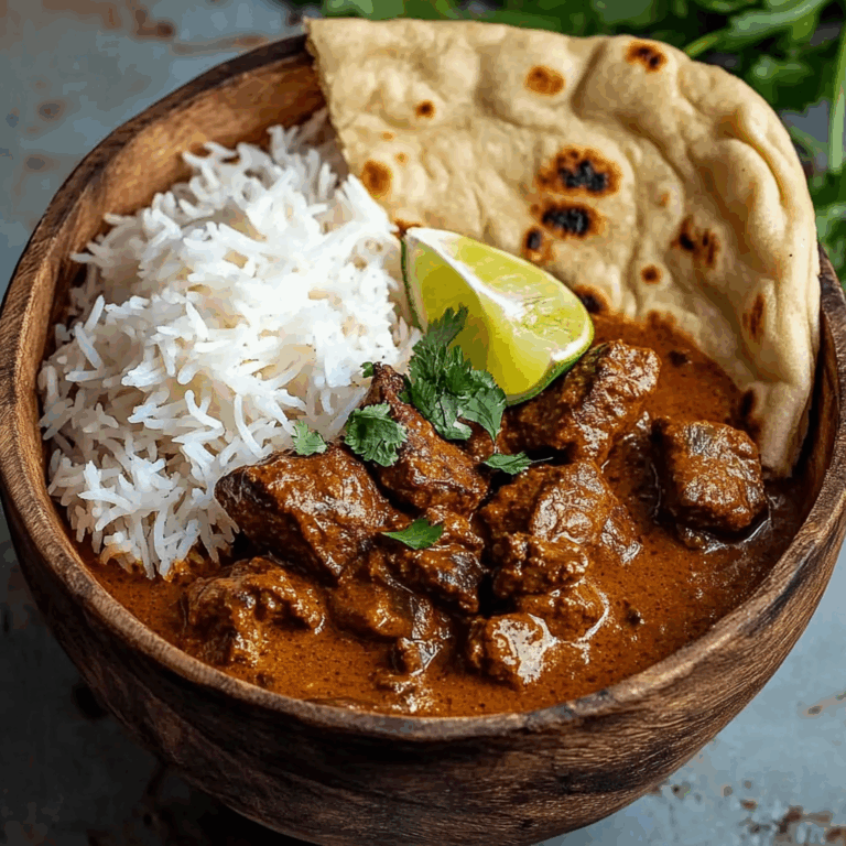 Beef Coconut Curry with Fragrant Rice and Warm Naan