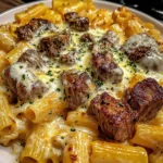 Cheesy Beef Rigatoni in Garlic Cream Sauce