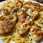 Cheesy Garlic Butter Chicken with Bowtie Pasta and Creamy Sauce