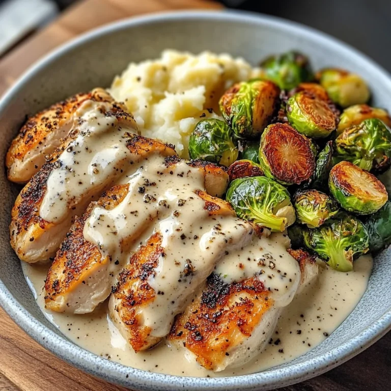 Creamy Black Pepper Chicken Bowl with Crispy Brussels & Mash