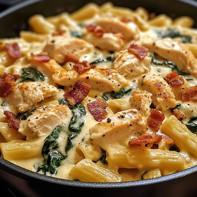 Creamy Chicken Pasta with Spinach, Bacon, and Cheese