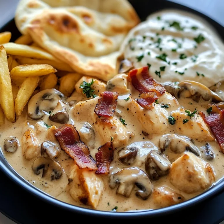 Creamy Chicken & Bacon Stroganoff with Garlic Naan, Rice & Crispy Fries