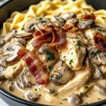 Creamy Slow Cooker Chicken Bacon Stroganoff with Mushrooms & Herbed Noodles