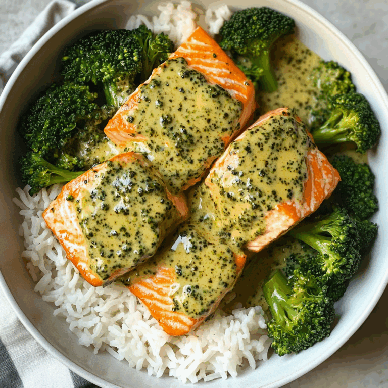 Creamy Pesto Salmon with Broccoli & Rice