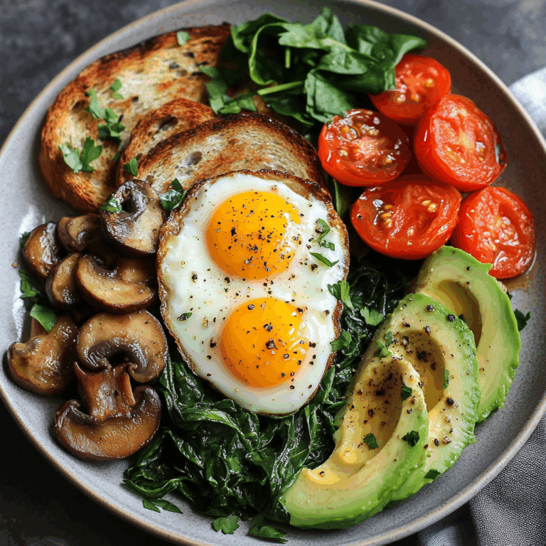 Sunny Eggs with Sauted Spinach, Mushrooms & Avocado Toast