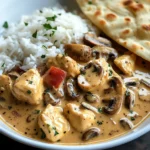 Creamy Chicken Curry with Golden Mushrooms, Rice & Warm Naan