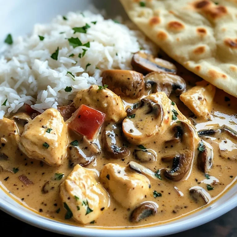 Creamy Chicken Curry with Golden Mushrooms, Rice & Warm Naan