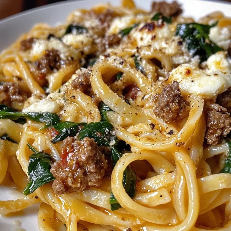 Garlic Butter Cheesy Linguine with Beef, Sausage and Spinach