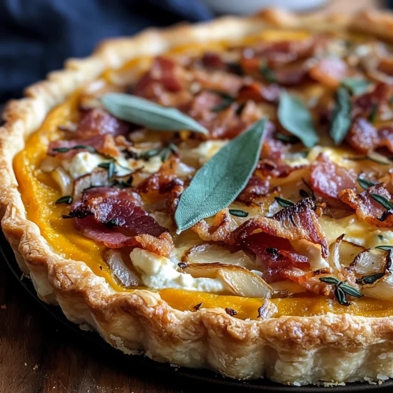 Pumpkin, Ricotta & Caramelized Onion Tart with Turkey Bacon and Sage