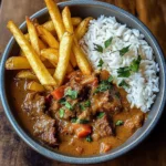 Slow-Cooked Beef Coconut Curry with Rice & Crispy Fries