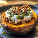 Stuffed Sweet Potatoes with Burrata, Toasted Walnuts & Sage Pesto