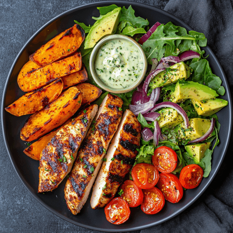 Grilled Chicken Power Plate with Sweet Potatoes & Avocado Salad