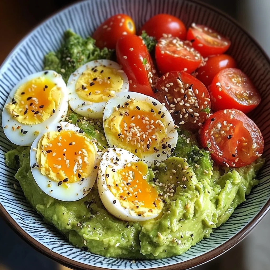 Photo inspiration: Avocado Soft Boiled Egg Bowl With Cherry Tomatoes Sesame Photo Inspiration