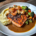 Cajun Salmon with Garlic Mashed Potatoes & Shrimp-Broccoli Saut