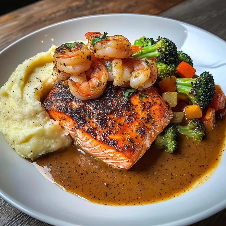 Cajun Salmon with Garlic Mashed Potatoes & Shrimp-Broccoli Saut