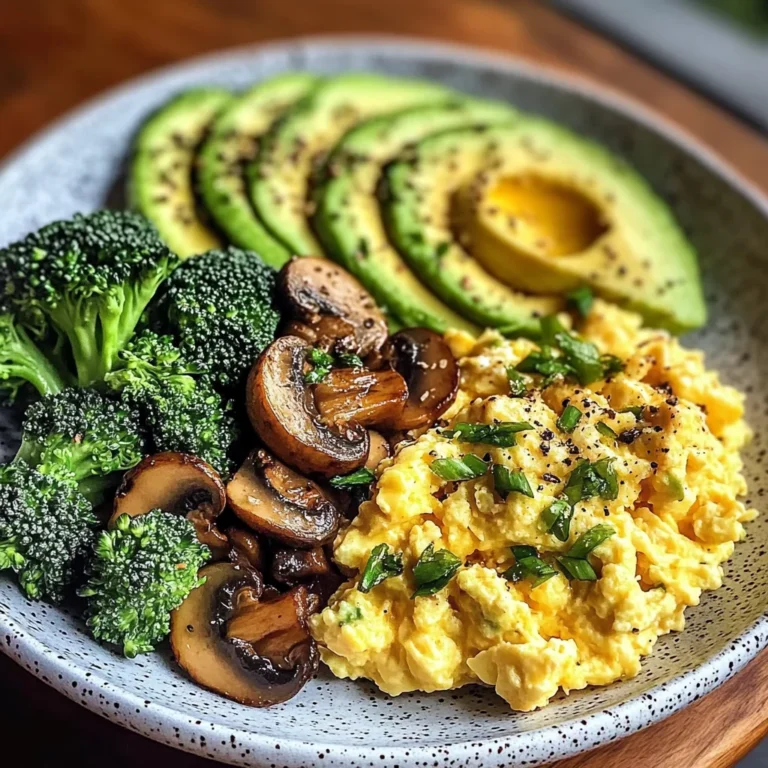 Creamy Scrambled Eggs with Avocado, Sautéed Mushrooms & Broccoli