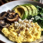 Creamy Scrambled Eggs with Sautéed Mushrooms, Spinach & Avocado