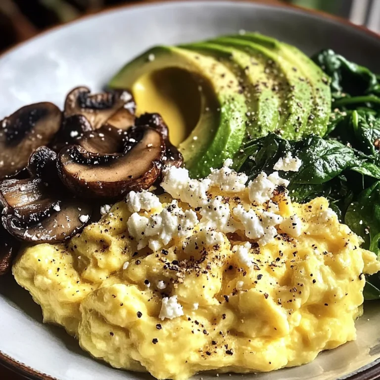 Creamy Scrambled Eggs with Sautéed Mushrooms, Spinach & Avocado