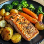 Garlic Butter Salmon with Roasted Potatoes, Glazed Carrots & Steamed Broccoli