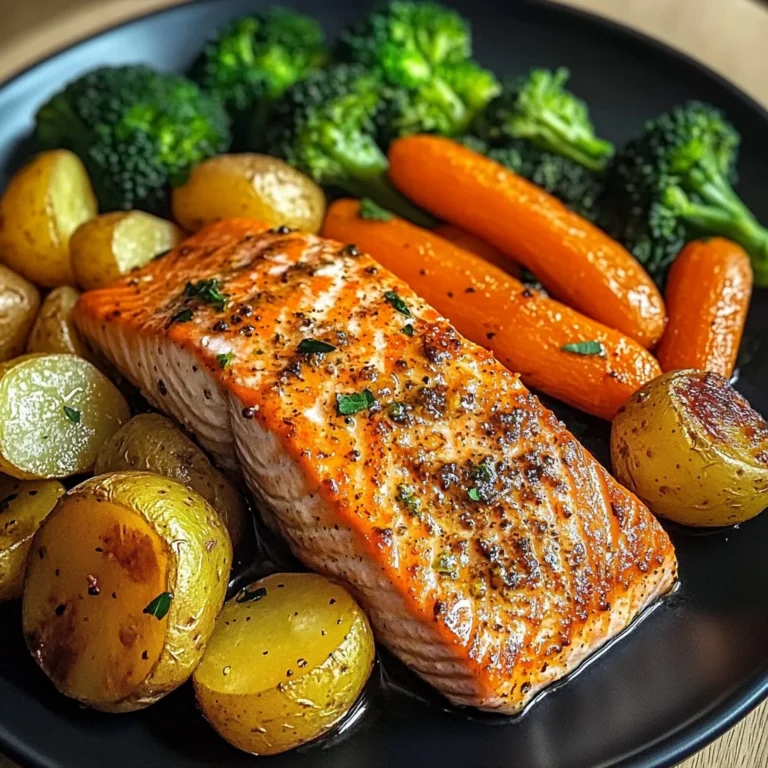 Garlic Butter Salmon with Roasted Potatoes, Glazed Carrots & Steamed Broccoli