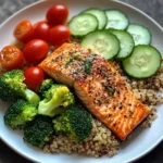 Grilled Salmon Power Plate with Quinoa & Steamed Veggies