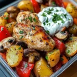 Loaded Garlic Butter Chicken with Roasted Veggies & Creamy Dip