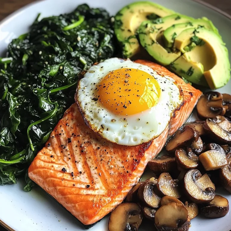 Pan-Seared Salmon with Sunny Egg, Sautéed Spinach, Mushrooms & Avocado