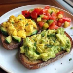 Rainbow Avocado Toast with Scrambled Eggs & Veggie Medley