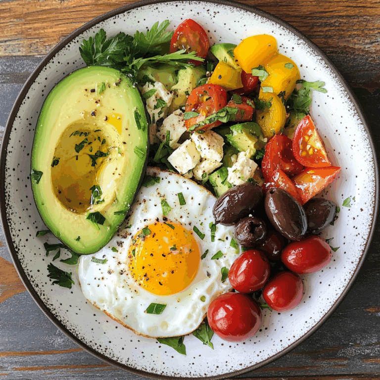 Avocado & Soft-Boiled Egg Breakfast Plate with Feta, Olives & Veggies