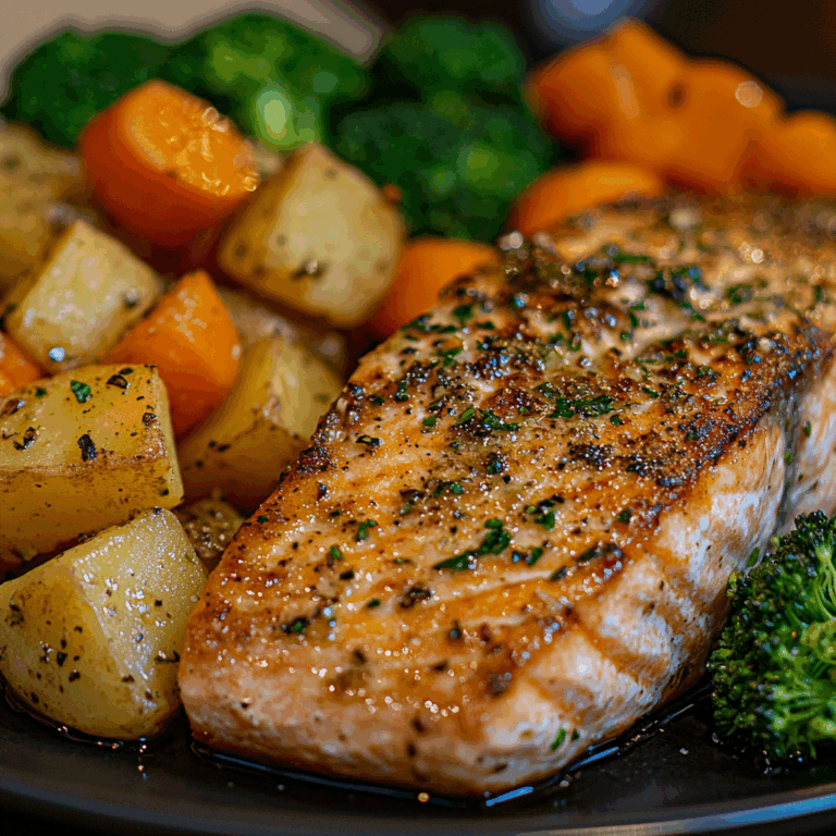 Garlic-Herb Salmon with Roasted Potatoes, Glazed Carrots & Broccoli