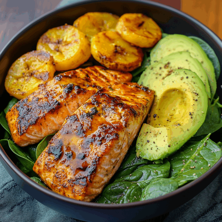 Glazed Salmon with Plantains, Spinach & Avocado Bliss Bowl