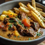Creamy Coconut Curry Beef with Garlic Naan & Fries