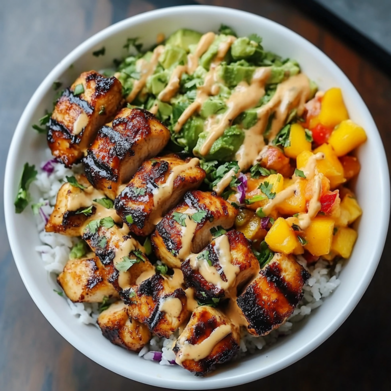 Grilled Maple Sriracha Chicken Bites with Coconut Rice & Mango Avocado Salsa Bowl with Chili Mayo